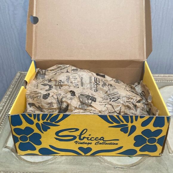Sbicca Kimms Leather Floral Wedge Sandals Blue Tan Sz 9 New in Box - Picture 13 of 14